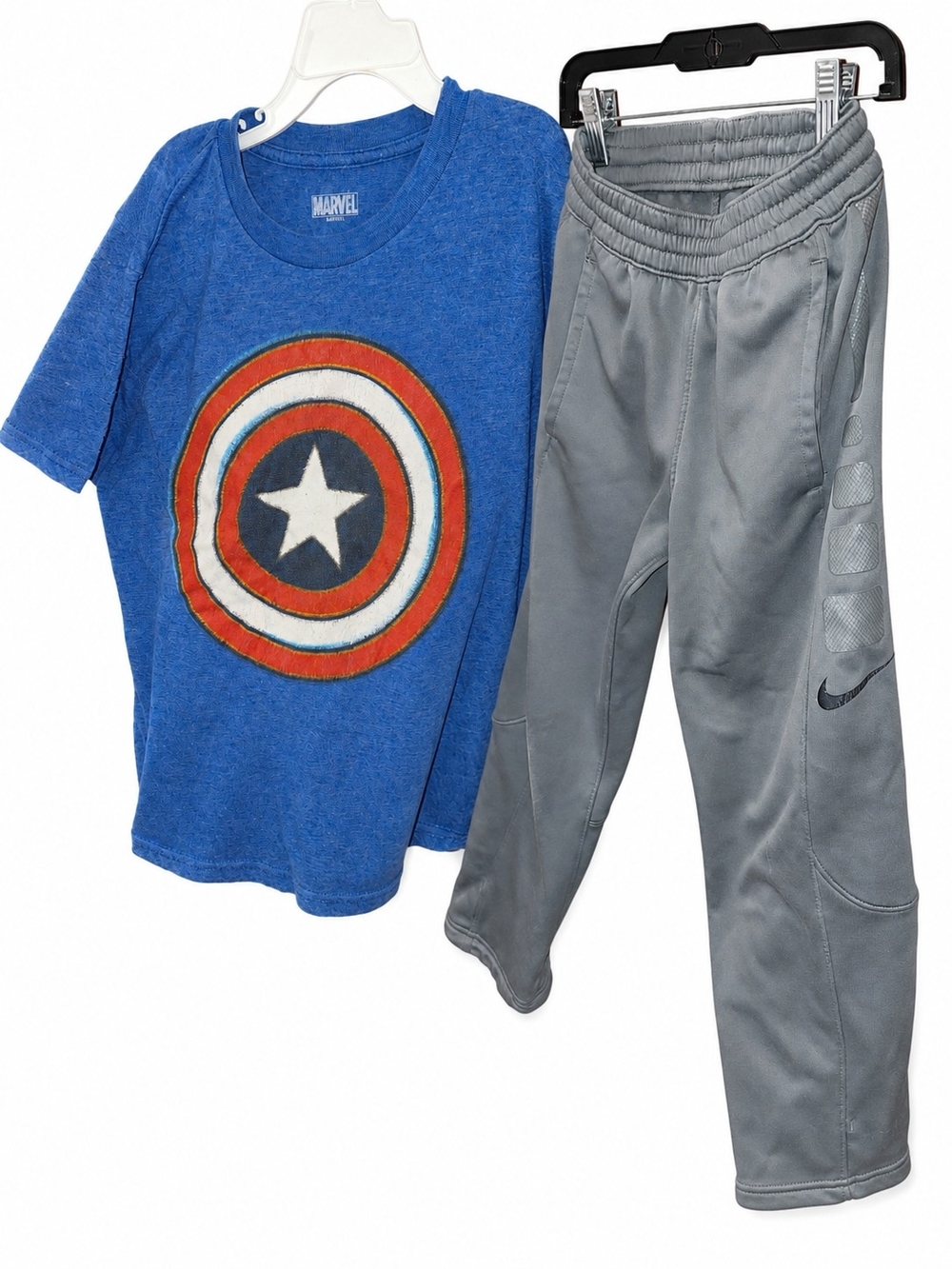 Nike Kids Gray Pants with Blue Marvel Captain America Shield Tee